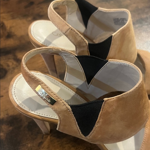Calvin Klein Safari Suede Heeled Sandals in almond tan - Picture 2 of 4